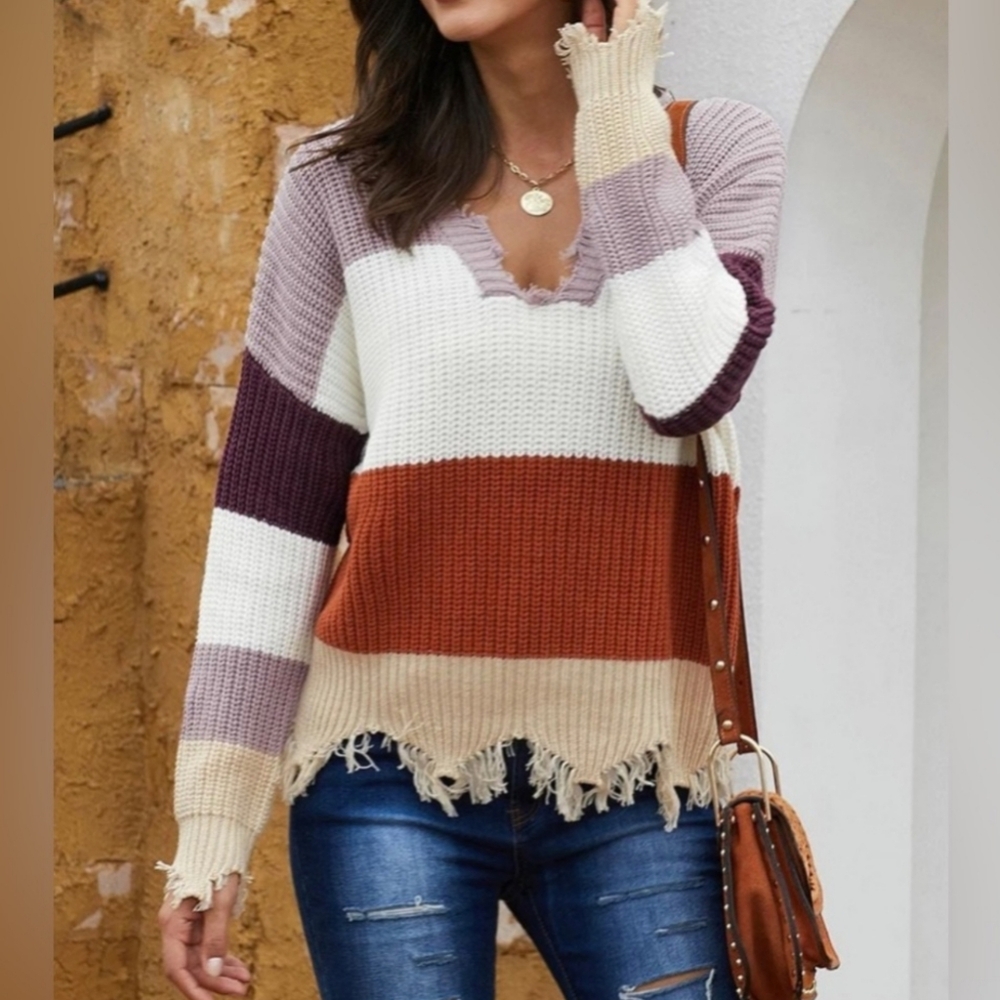 NWOT Miracle Distressed Hem Colorblock Sweater Women Small Medium Oversized Crop